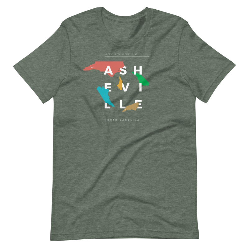 Green asheville t-shirt with random, colorful NC state shapes.