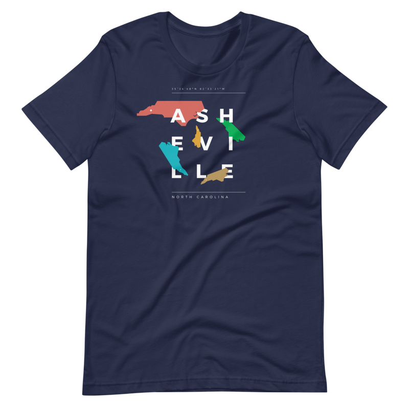 Dark asheville t-shirt with random, colorful NC state shapes.