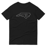 Dark t-shirt with map of North Carolina with dot saying "AVL NC"