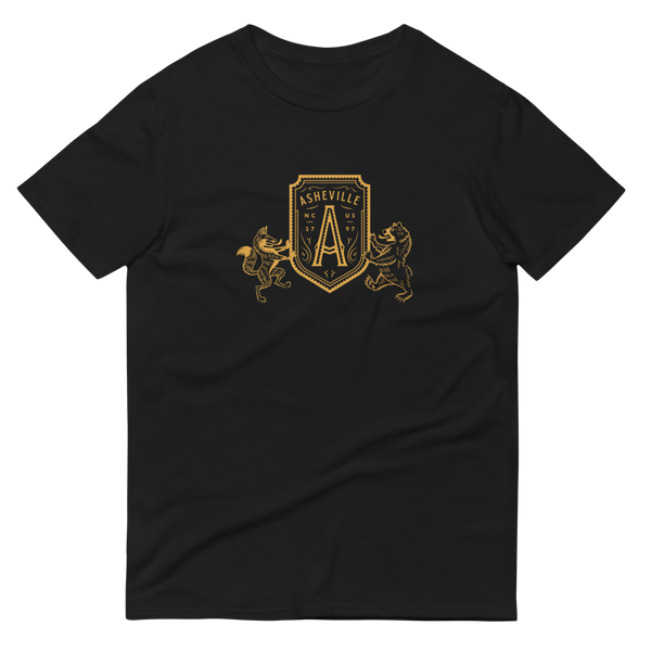 black t-shirt of bear and fox holding a shield with "A" for Asheville, North Carolina