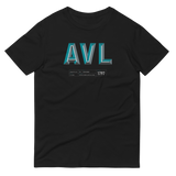 Dark t-shirt with "AVL" and Asheville statistics printed on it.