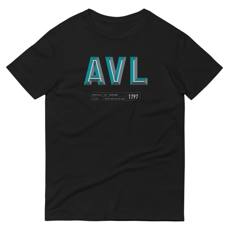 Dark t-shirt with "AVL" and Asheville statistics printed on it.