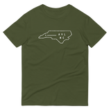 Green t-shirt with map of North Carolina with dot saying "AVL NC"