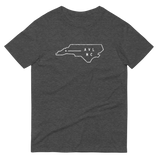 Grey t-shirt with map of North Carolina with dot saying "AVL NC"