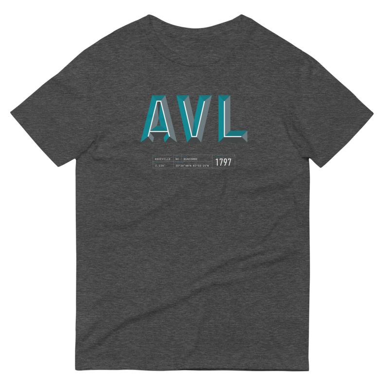 Grey t-shirt with "AVL" and Asheville statistics printed on it.