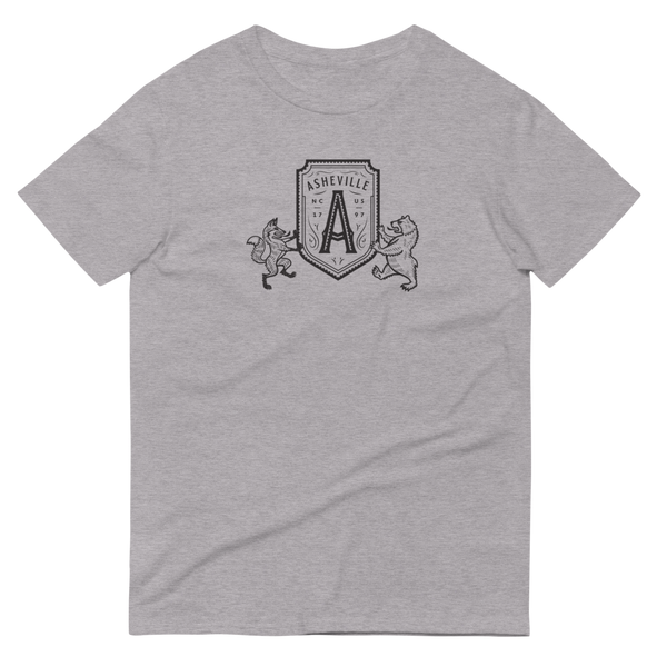 Light Grey t-shirt of bear and fox holding a shield with "A" for Asheville, North Carolina