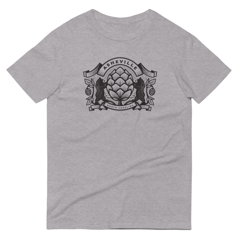 Grey t-shirt with design of two black bears holding a huge grain of hops. "Asheville, North Carolina"