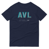 Dark t-shirt with "AVL" and Asheville statistics printed on it.