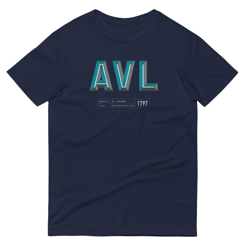 Dark t-shirt with "AVL" and Asheville statistics printed on it.