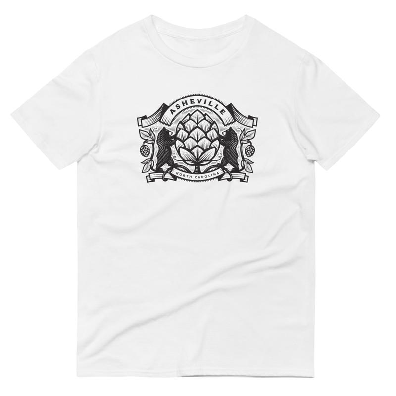 White t-shirt with design of two black bears holding a huge grain of hops. "Asheville, North Carolina"