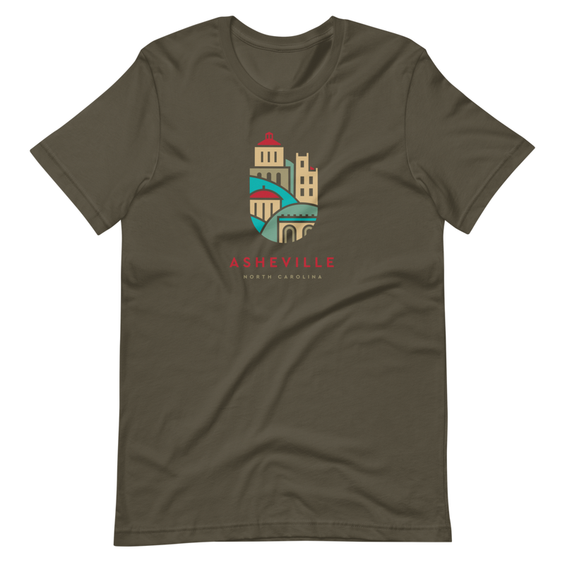 Grey t-shirt with illustrated downtown Asheville buildings