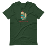 Dark green t-shirt with illustrated downtown Asheville buildings