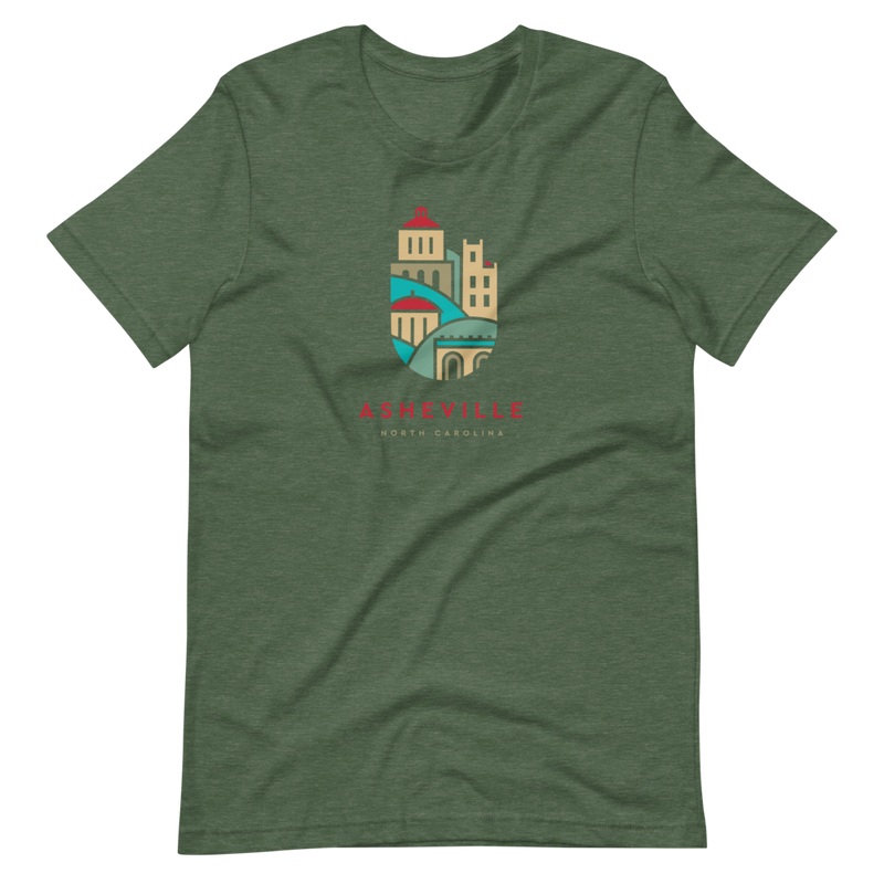 Green t-shirt with illustrated downtown Asheville buildings