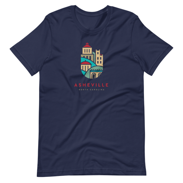 Dark t-shirt with illustrated downtown Asheville buildings
