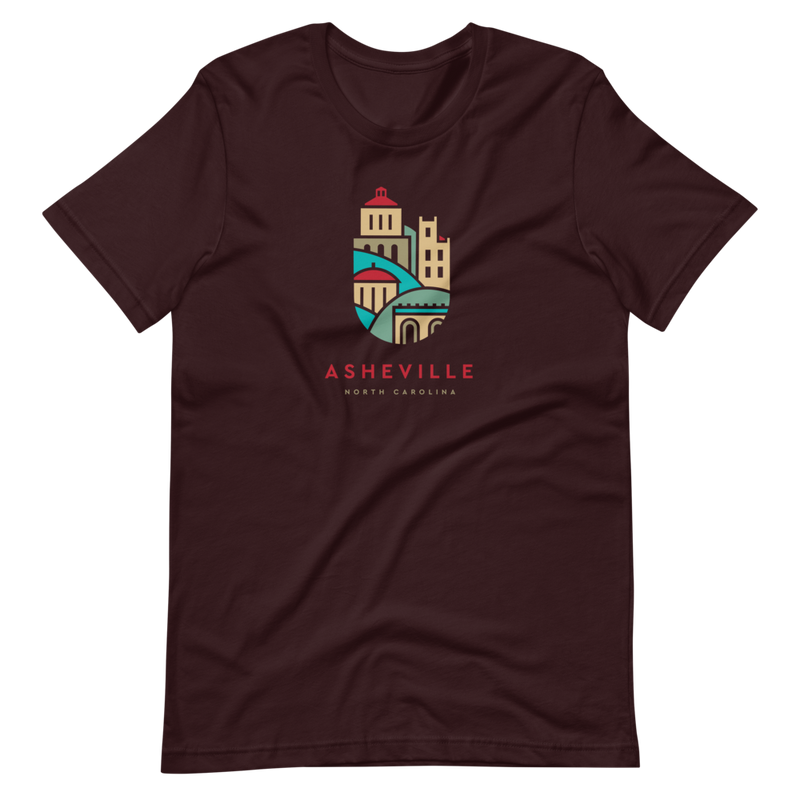 Dark t-shirt with illustrated downtown Asheville buildings