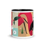 coffee mug with silly illustration of red fox, black bear and red-tailed hawk - black interior