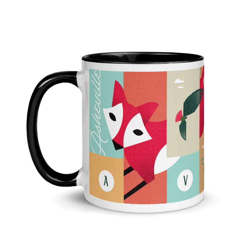 coffee mug with silly illustration of red fox, black bear and red-tailed hawk - black interior
