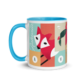 coffee mug with silly illustration of red fox, black bear and red-tailed hawk - blue interior