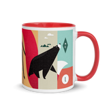 coffee mug with silly illustration of red fox, black bear and red-tailed hawk - red interior