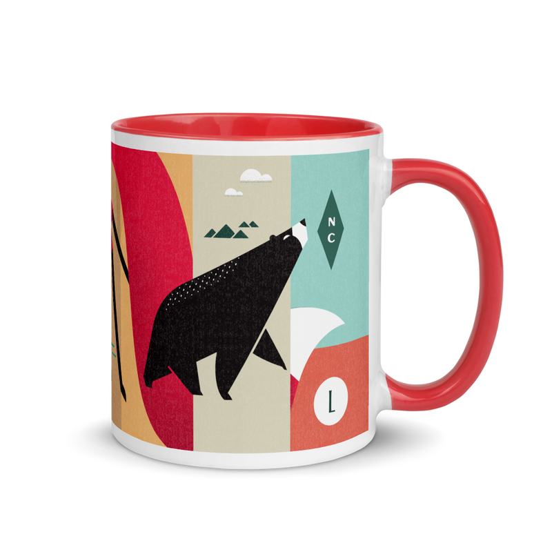 coffee mug with silly illustration of red fox, black bear and red-tailed hawk - red interior
