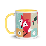 coffee mug with silly illustration of red fox, black bear and red-tailed hawk - yellow interior