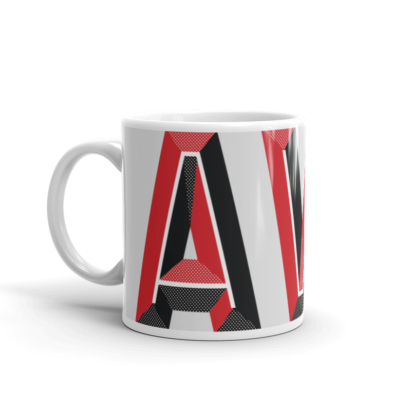 White coffee mug with "AVL" and Asheville statistics printed on it.