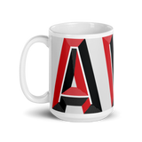 White coffee mug with "AVL" and Asheville statistics printed on it.